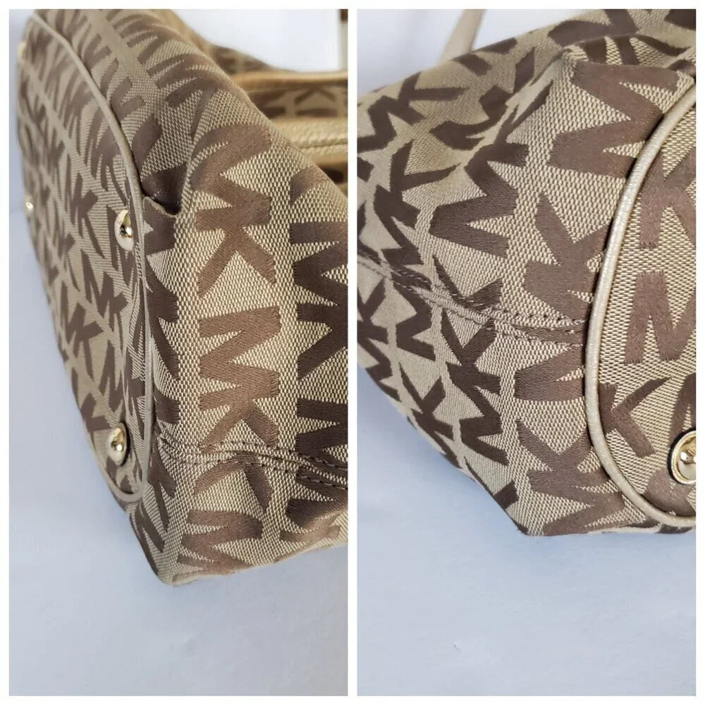 Michael Kors Jet Set Large Signature Gathered Hobo Satchel Tote Gold and Brown